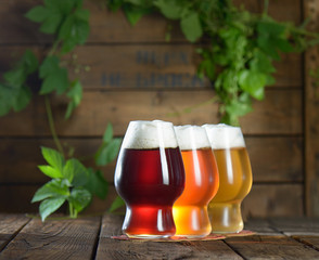 Different beer in glasses on wooden background