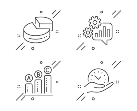 Cogwheel, Pie chart and Graph chart line icons set. Safe time sign. Engineering tool, 3d graph, Growth report. Management. Science set. Line cogwheel outline icon. Vector