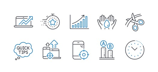 Fototapeta premium Set of Science icons, such as Timer, Graph chart, Seo devices, Seo phone, Safe water, Scissors, Sales diagram, Ab testing, Quick tips, Time management line icons. Line timer icon. Vector