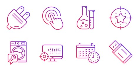 Star target, Seo and Click line icons set. Washing machine, Chemistry lab and Calendar signs. Electric plug, Usb flash symbols. Winner award, Search engine. Gradient star target icon. Vector