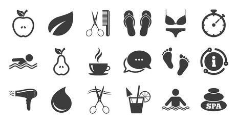 Fototapeta na wymiar Set of Swimming pool, Spa and Hairdressing icons. Information, chat bubble icon. Coffee, Cocktail and Apple signs. Water drop, Scissors and Hairdryer symbols. Quality set. Vector