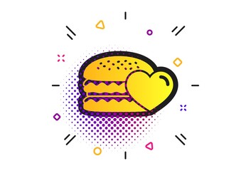 Hamburger icon. Halftone dots pattern. Burger food symbol. Cheeseburger sandwich sign. Classic flat hamburger icon. Vector