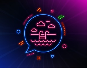 Swimming pool line icon. Neon laser lights. Outdoor basin sign. Hotel service symbol. Glow laser speech bubble. Neon lights chat bubble. Banner badge with swimming pool icon. Vector