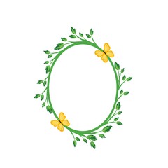 Vector concept green oval photo frame with yellow butterfly. Blank template to decorate the image and photo. Modern elegant graphic design.