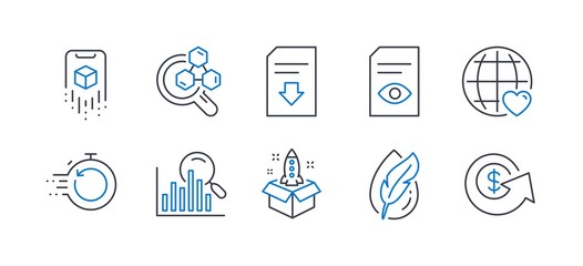 Set of Technology icons, such as Startup, Chemistry lab, Augmented reality, International love, Hypoallergenic tested, Download file, Fast recovery, View document, Search, Dollar exchange. Vector