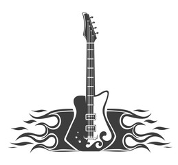 Vector logo concept. Graphic design of guitar with fire. Musical rock instrument. Emblem, element, template, symbol, label, sign.