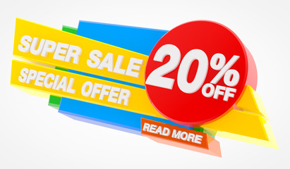 SUPER SALE SPECIAL OFFER 20 % OFF READ MORE word on white background illustration 3D rendering
