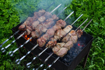 Pieces of meat of fresh pork on skewers laid on the grill with coals close-up