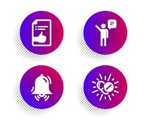 Clock bell, Approved document and Agent icons simple set. Halftone dots button. Medical drugs sign. Alarm, Like symbol, Business person. Medicine pills. Business set. Vector