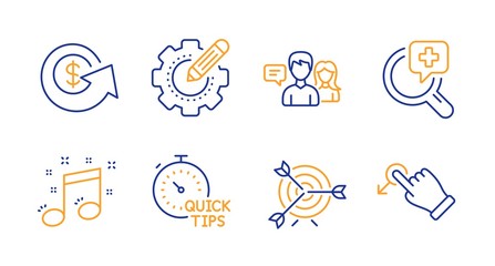 Target, Medical analyzes and Quick tips line icons set. People talking, Settings gear and Musical note signs. Dollar exchange, Drag drop symbols. Targeting, Medicine. Business set. Vector