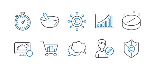 Set of Business icons, such as Cooking mix, Medical tablet, Timer, Chat message, Copywriting network, Internet shopping, Edit person, Graph chart, Recovery cloud, Copyright protection. Vector