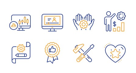 Hammer tool, Cogwheel blueprint and Candlestick chart line icons set. Online video, Employee hand and Employees wealth signs. Positive feedback, Ranking star symbols. Line hammer tool icon. Vector
