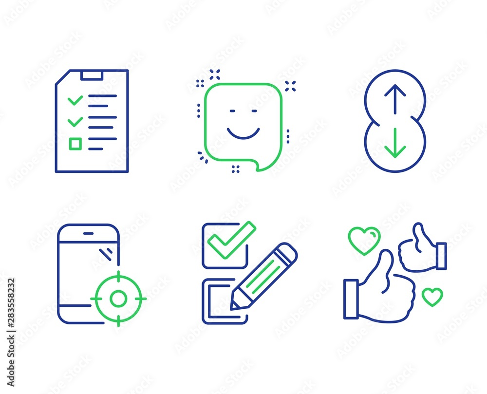 Poster checkbox, scroll down and smile line icons set. interview, seo phone and like signs. survey choice, 