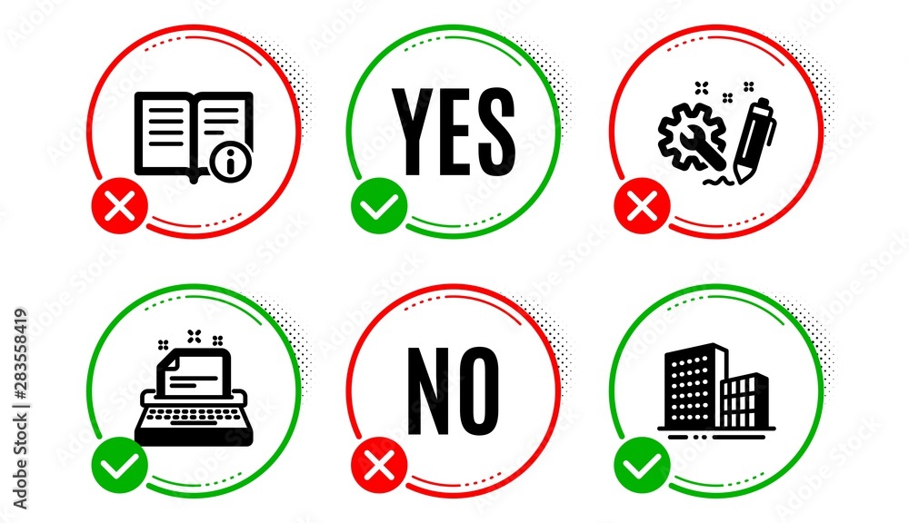 Aufkleber typewriter, engineering and technical info icons simple set. yes no check box. buildings sign. instr