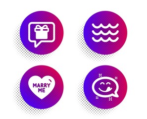 Wish list, Marry me and Waves icons simple set. Halftone dots button. Yummy smile sign. Present box, Wedding, Water wave. Emoticon. Holidays set. Classic flat wish list icon. Vector