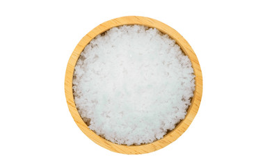 Fototapeta na wymiar Top view salt in wooden bowl isolated on white background.