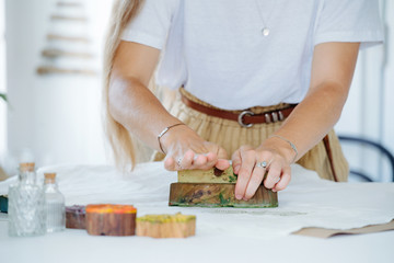 Wood block printing technique, Handmade textile. Patterns stamp fabric.