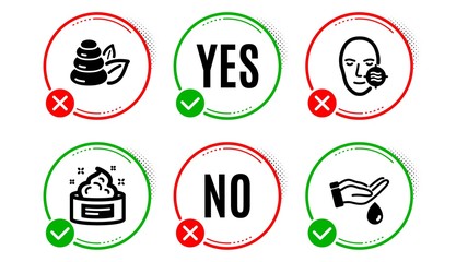 Problem skin, Spa stones and Skin cream icons simple set. Yes no check box. Wash hands sign. Facial care, Bath, Medical cosmetic. Beauty set. Problem skin icon. Check mark. Vector