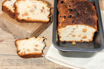 Fototapeta na wymiar Barmbrack or bairin breac is a traditional Irish sweet yeast bread with grapes and raisins, often eaten with afternoon tea butter and traditionally served on Halloween.