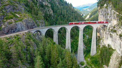 Famous Landwasser viaduct in the Swiss Alps from above