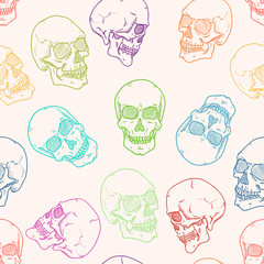Vector Seamless Pattern of Sketch Skulls on White Background
