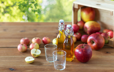 fruits, food and harvest concept - two glasses and bottles of apple juice or cider on wooden table over green natural background