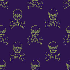 Vector Seamless Pattern of Fluorescent Sketch Pirate Skulls