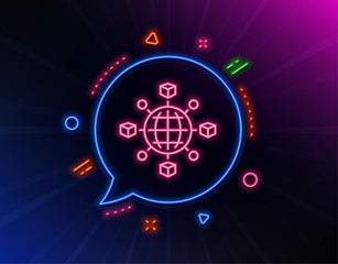 Logistics network line icon. Neon laser lights. Parcel tracking sign. Goods distribution symbol. Glow laser speech bubble. Neon lights chat bubble. Banner badge with logistics network icon. Vector