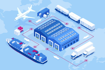 Isometric global logistics network. Air cargo, rail transportation, maritime shipping, warehouse, container ship, city skyline on the world map.