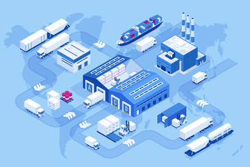 Fototapeta Isometric global logistics network. Air cargo, rail transportation, maritime shipping, warehouse, container ship, city skyline on the world map. obraz