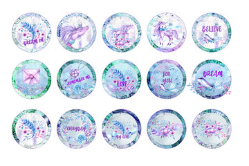 Scrapbook elements in a round frame. Collection of tags.