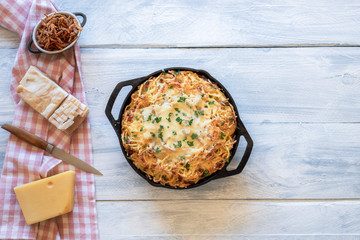 Cheese pasta. and ingredients. German noodles dish