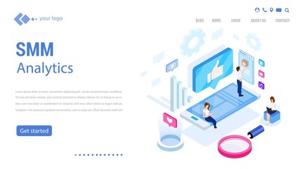 Isometric concept. Social media marketing. E-marketing, digital marketing.Analytics, strategy, mechanism of work. Campaign