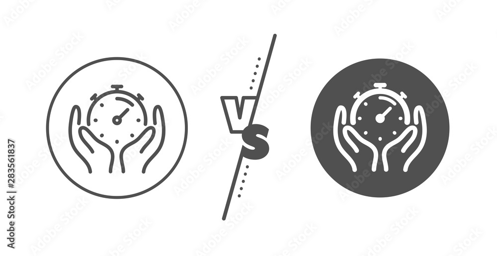 Poster time management sign. versus concept. timer line icon. stopwatch symbol. line vs classic timer icon.