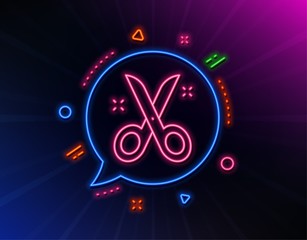 Scissors line icon. Neon laser lights. Cutting tool sign. Tailor utensil symbol. Glow laser speech bubble. Neon lights chat bubble. Banner badge with scissors icon. Vector