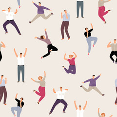 People man and woman happy jumping seamless pattern. People happy leap energetic. Vector illustration