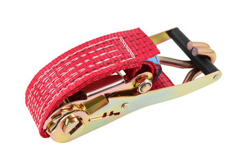 Orange lashing strap with ratchet for securing cargo isolated on white background