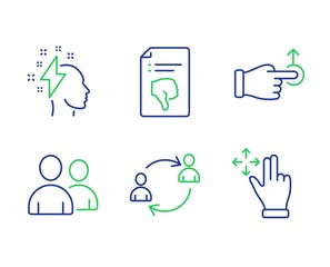 User communication, Brainstorming and Thumb down line icons set. Drag drop, Users and Move gesture signs. Human resources, Lightning bolt, Decline file. Move. People set. Vector