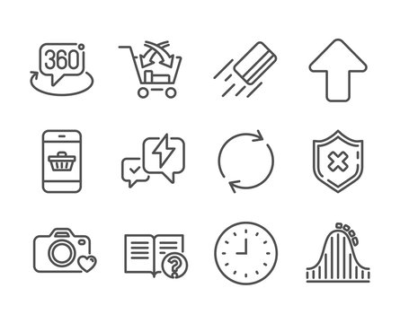 Set of Technology icons, such as Reject protection, Help, Roller coaster, Cross sell, Smartphone buying, Credit card, Clock, 360 degree, Full rotation, Lightning bolt, Photo camera, Upload. Vector