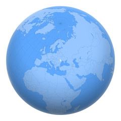 Moldova on the globe. Earth centered at the location of the Republic of Moldova. Map of Moldova. Includes layer with capital cities.