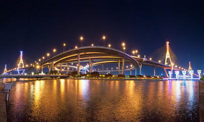 Fototapeta na wymiar The Bhumibol Bridge, also known as the Industrial Ring Road Bridge. The bridge crosses the Chao Phraya River twice with two striking cable-stayed spans supported by two diamond-shaped pylons. Panorama