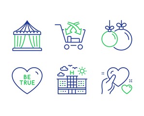 Hotel, Cross sell and Be true line icons set. Circus tent, Christmas ball and Hold heart signs. Travel, Market retail, Love sweetheart. Attraction park. Holidays set. Line hotel outline icons. Vector