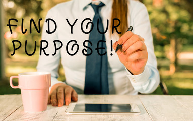 Writing note showing Find Your Purpose. Business concept for reason for something is done or for...