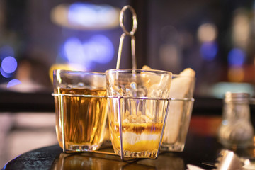 Classic set menu of hot coffee, tea or chocolate with mini toast and soft-boiled eggs in glass; Thai vintage style menu. 