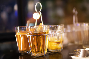 Classic set menu of hot coffee, tea or chocolate with mini toast and soft-boiled eggs in glass; Thai vintage style menu. 