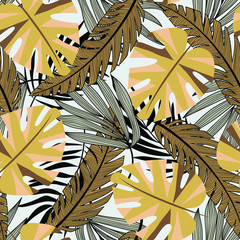 Abstract seamless pattern with colorful tropical leaves and plants on white background. Vector design. Jungle print. Floral background. Printing and textiles. Exotic tropics. Summer.