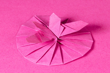 Pink origami butterfly and blossom on pink background. Japanese paper folding art. Flat square...