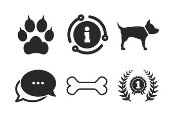 Cat paw with clutches sign. Chat, info sign. Pets icons. Winner laurel wreath and medal symbol. Pets food. Classic style speech bubble icon. Vector