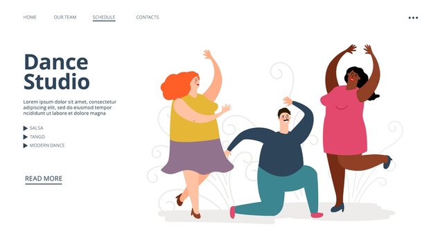Dance studio landing page. Vector dancing people illustration. Dance school class, landing page female and male