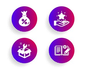 Loan, Loyalty program and Spanner icons simple set. Halftone dots button. Engineering documentation sign. Money bag, Bonus star, Repair service. Manual. Technology set. Classic flat loan icon. Vector